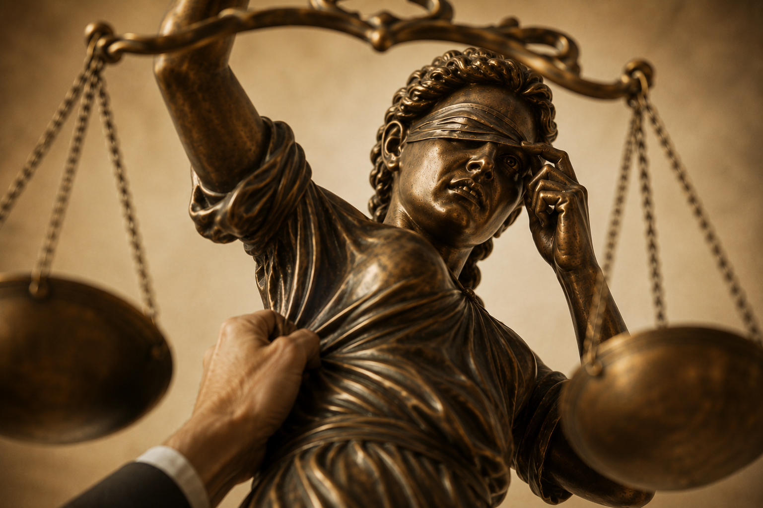 Justice lifts her blindfold to see who is grabbing for her.